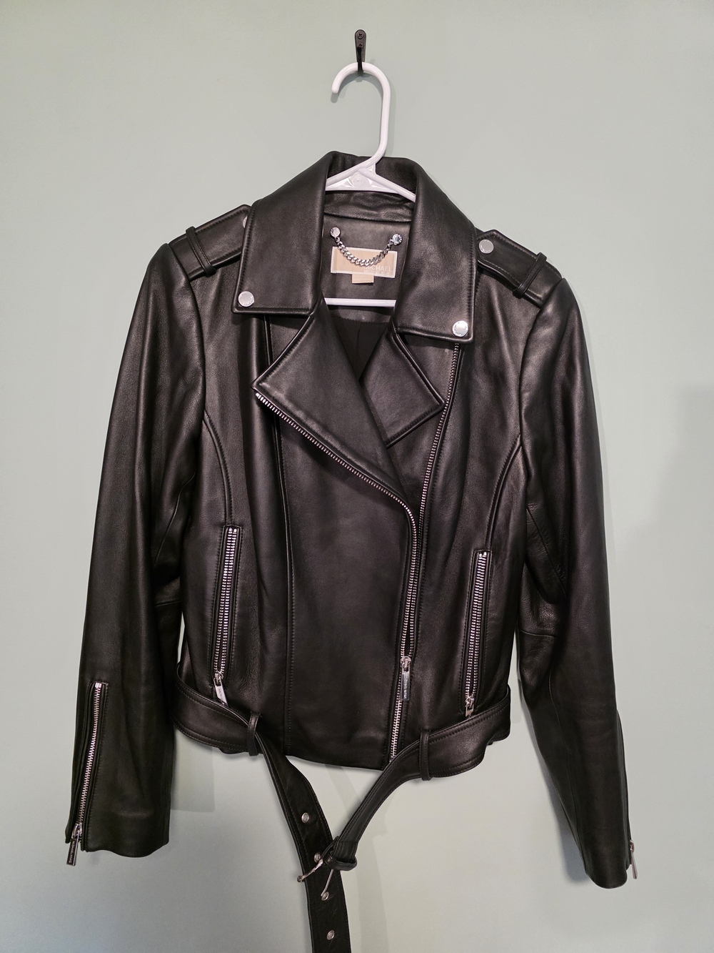 Michael Kors Black Leather Biker Jacket with Silver Hardware